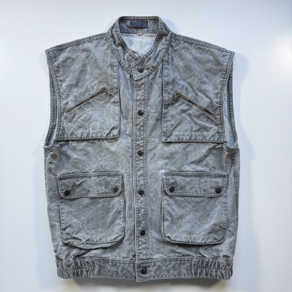 EXPOSURE Vintage Denim Utility Pocket Snap Front Vest Mens Large Gray Grunge 90s